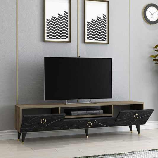 Meuble TV Vista Luxe - Effet marbre noir et noyer